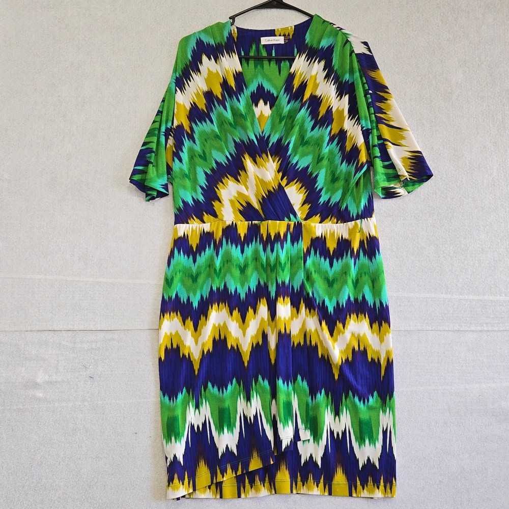 Calvin‎ Klein Women Size 8 Green Blue Ikat Print Faux Wrap Sheath Dress CD5X1A6Y